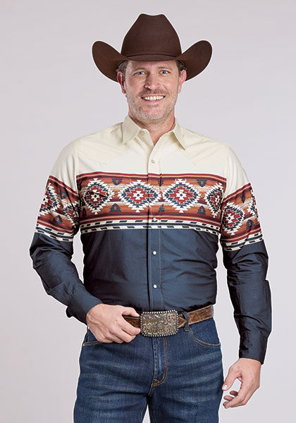 Roper Ombre Border Print Men's Long Sleeve Snap Western Shirt 03-001-0431-0702