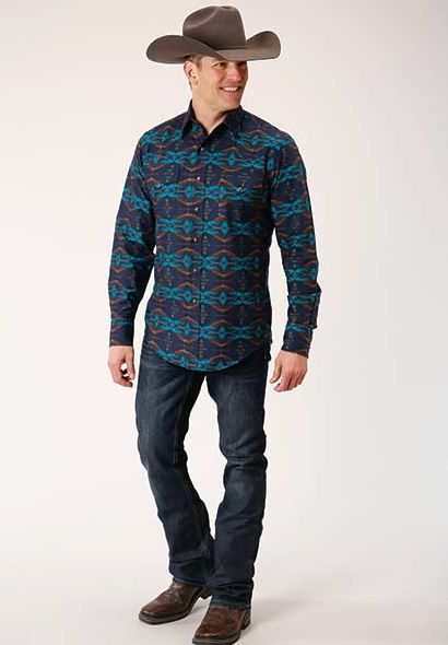 Roper Blue Aztec Print Men's Longsleeve Snap Western Shirt 0300104821013BU