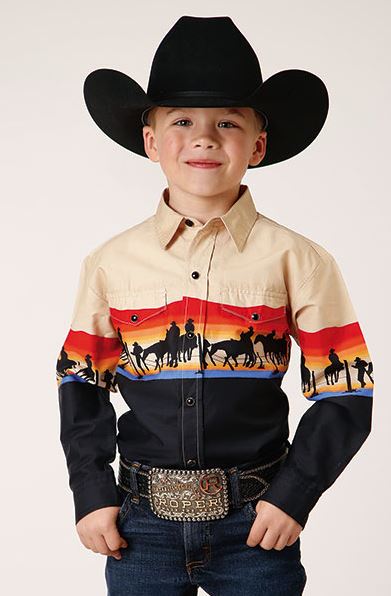 Roper Black /Beige with Day's End Scene Border Print Boy's Collared Longsleeve Snap Shirt 0303004210612BL