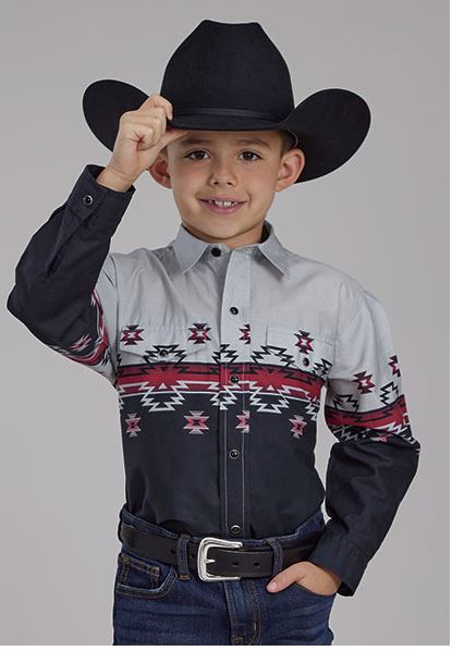 Roper Black/Grey with Ombre Aztec Border Boys Collared Longsleeve Snap Shirt 0303004310653BL