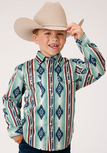 Karmen Roper Verde Stripe Boys Long Sleeve Snap Shirt 03-030-0485-0415 BU