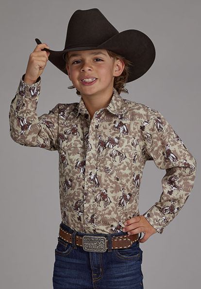 Roper Brown Brushstroke Cowboys Print Boy's Collared Longsleeve Snap Shirt 0303004860651BR