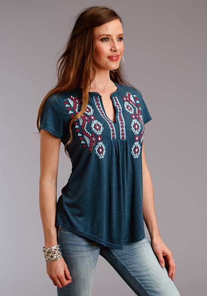 Karman Roper Heather Jersey Peasant Short Sleeve Womens Top 03-039-0513-3053-BU
