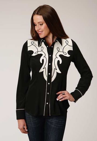 Roper Black and White Womens Longsleeve Shirt 0305000407005BL