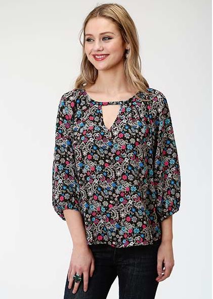 Roper Black Flower Print Longsleeve Collared Women's Peasant Blouse 0305005900103BL