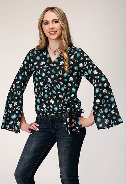 Roper Black with Jewelry Print Women's Long Sleeve Rayon Wrap Blouse 0305005900168BL