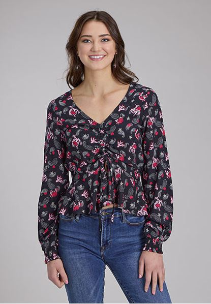 Roper Black with Bronc Riders Print Women's Longsleeve Rayon Blouse 0305005900188BL