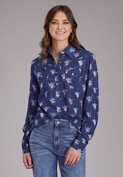 Roper Navy with Skull Print Women's Collared Longsleeve Snap Western Blouse 0305005902080BU