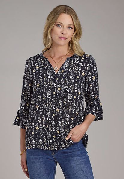 Roper Black Vintage Floral Print Women's 3/4 Bell Sleeve Pullover Shirt 0305005903051BL