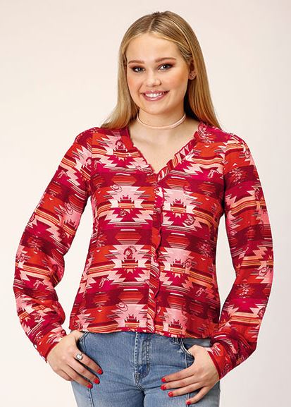 Roper Red Icon Aztec Printed Rayon Women's Longsleeve Blouse 0305005906106RE