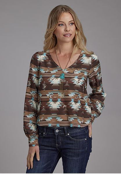Roper Brown Multi with Aztec Print Women's Longsleeve Rayon Printed Blouse 0305005906109MU