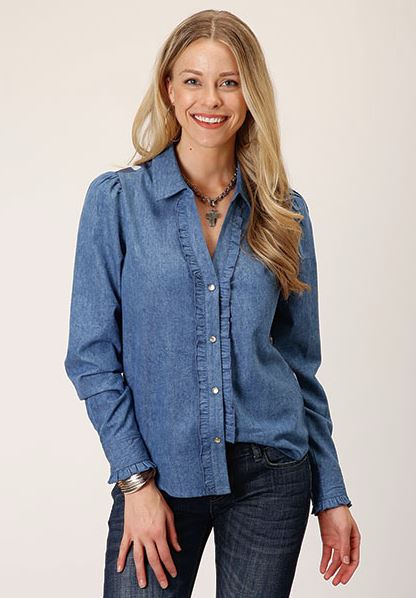 Roper Blue Cowboy Toile Print Women's Collared Longsleeve Rayon Shirt 0305005906124BU