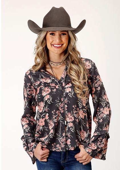 Roper Dark Grey With Coral Floral Print Women's Longsleeve Peasant Blouse 0305005907072GY