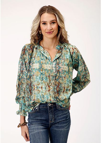 Roper Teal Snake Print Women's 3/4 Sleeve Peasant Blouse 0305005907089GR