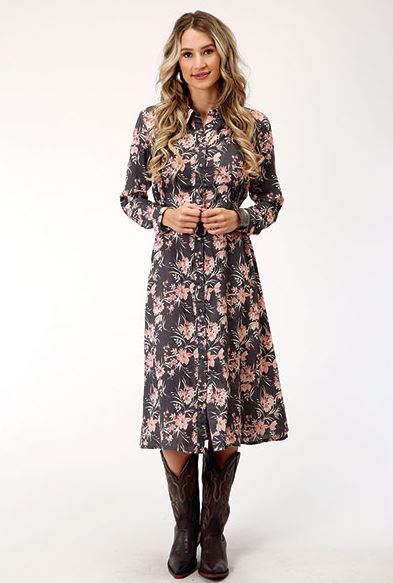 Roper Floral Print Women's Collared Midi Length Button Front Shirt Dress 0305705907071GY