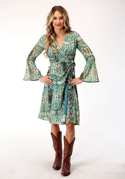Karman Roper Green/Teal Women's Wrap Dress in Flowing Polyester George
