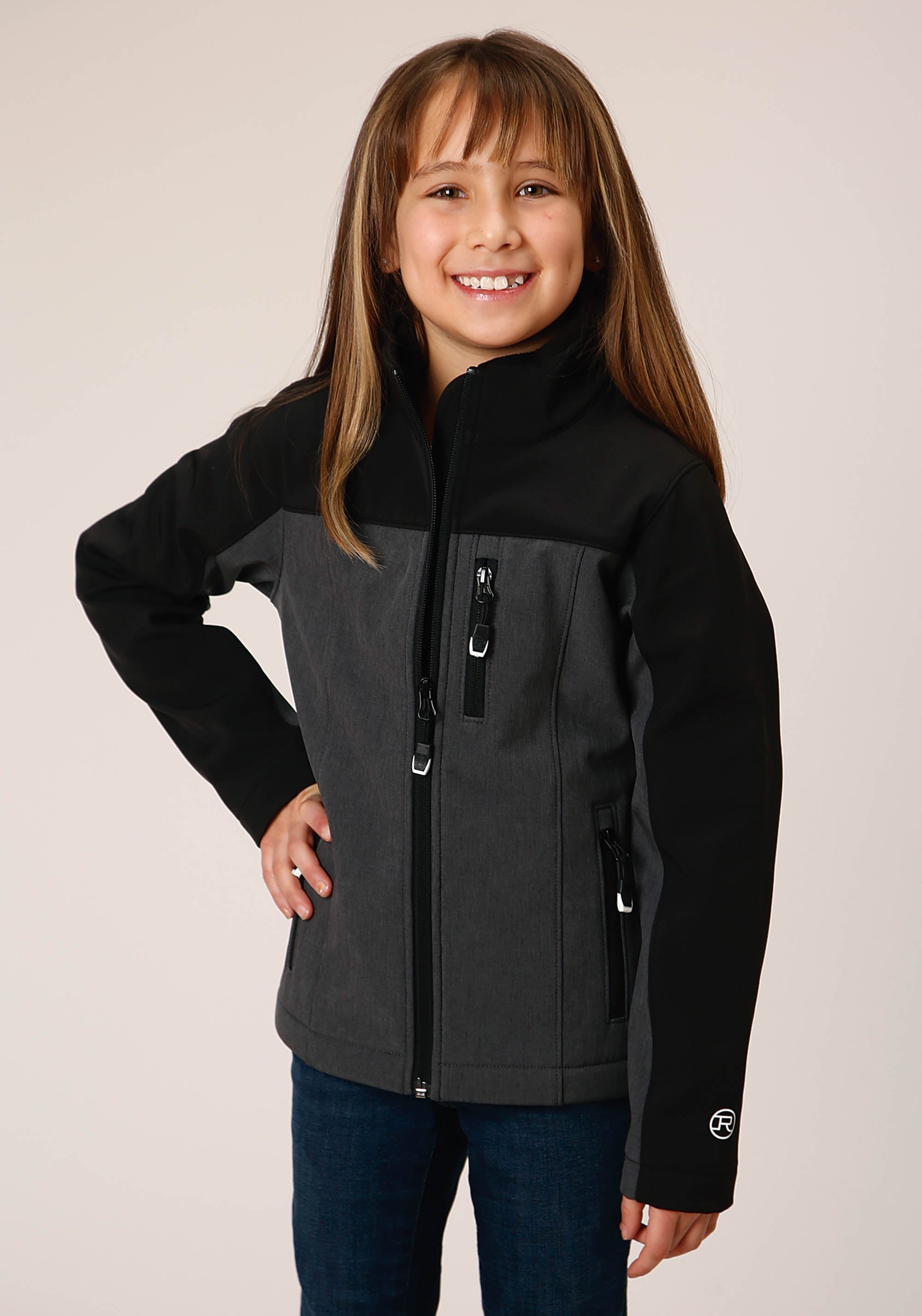 Girls Grey Black Combo Soft Shell Tech Jacket