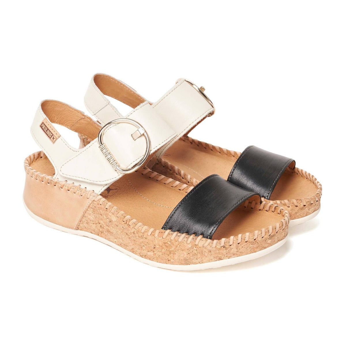 Pikolinos Black/WhiteNatural Marina Women's Multicolored Platform Sandals 0709C1-BLACK
