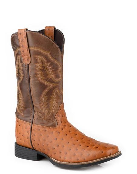 Roper Tan Ostrich Embossed Leather Little Kids Wide Square Toe Boots 09018091135TA