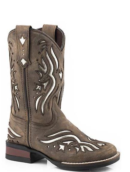 Roper Brown Oiled Leather Little Kids Wide Square Toe Boots with Metallic Silver Underlay 0901809122769BR