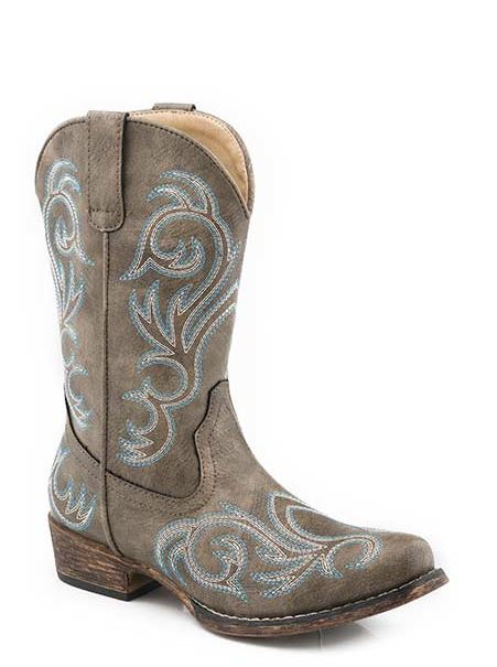 Roper Brown Vintage Faux Leather Little Kids Snip Toe Western Boots with All Over Embroidery 0901815662025BR