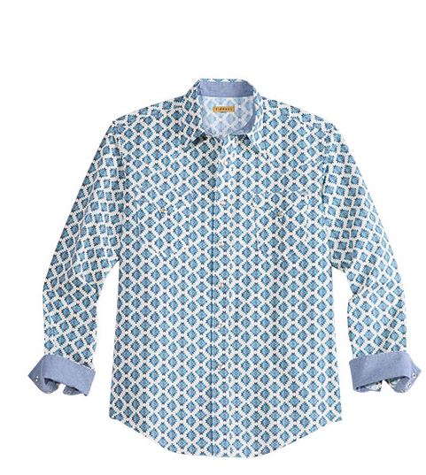 Tin Haul Blue Ombre Aztec Tiles Allover Print Men's Collared Longsleeve Shirt 1000100640238BU