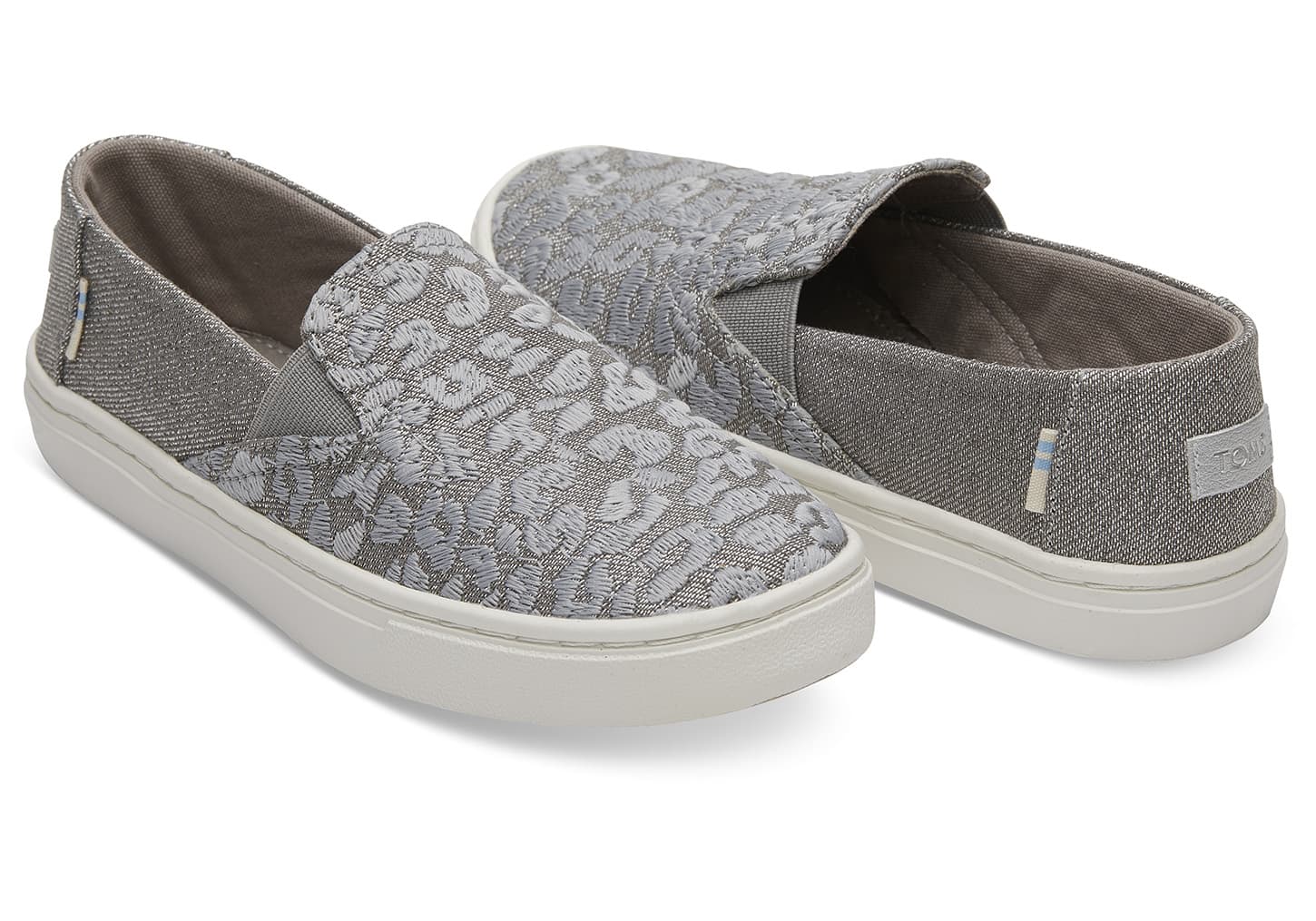 Toms Neutral Grey Cheetah Embroidery Twill Glimmer Youth Luca Slip On Shoes 10012663