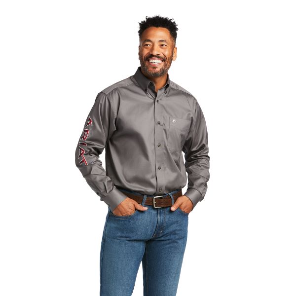 Ariat Grey with Serape Red Team Logo Mens Twill Shirt  10039369