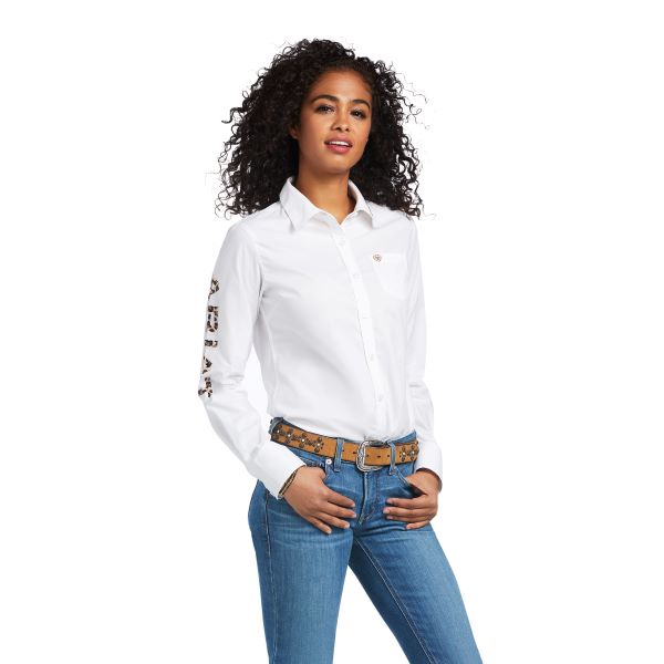 Ariat White with Leopard Logo Team Kirby Womens Stretch Shirt 10039457