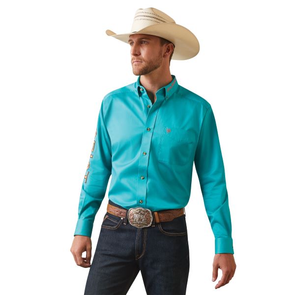 Ariat Teal Team Logo Twill Fitted Men's Longsleeve Shirt 10043569