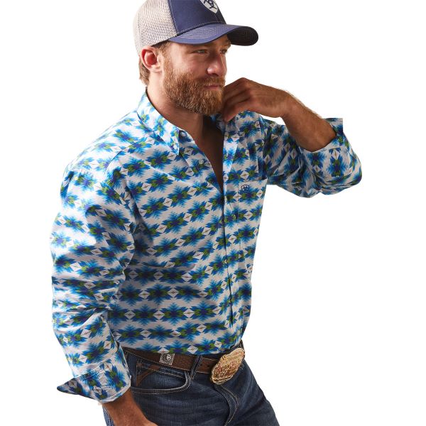 Ariat White with Blue Aztec Levi Classic Fit Men's Longsleeve Buttondown Shirt 10043724