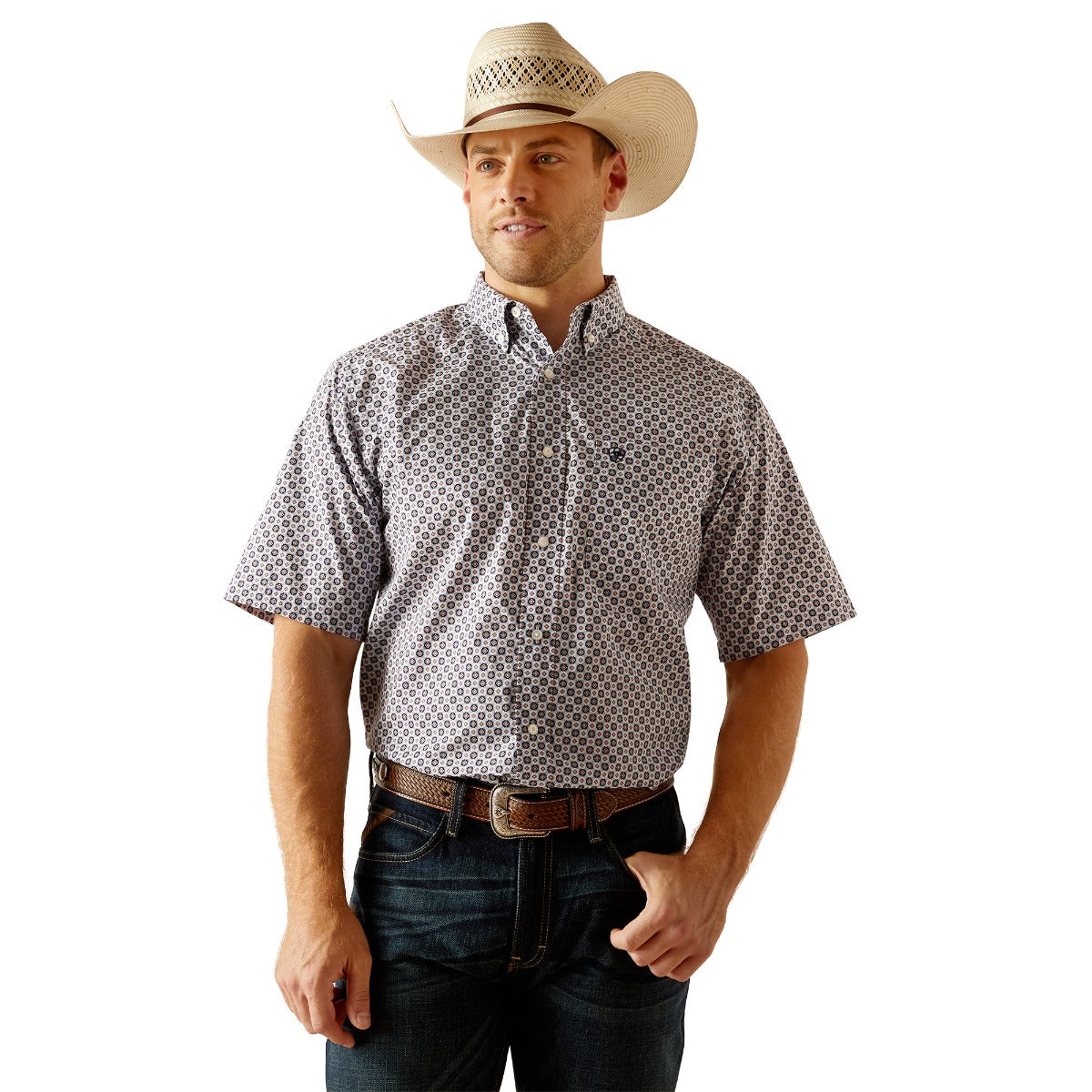 Ariat Blue with print Denver Classic Fit Men's Collared Short Sleeve Button Down Shirt 10048436