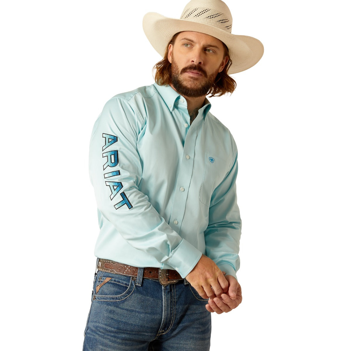 Ariat Light Aqua Team Logo Men's Twill Fitted Long Sleeve Button Down Western Shirts 10048717