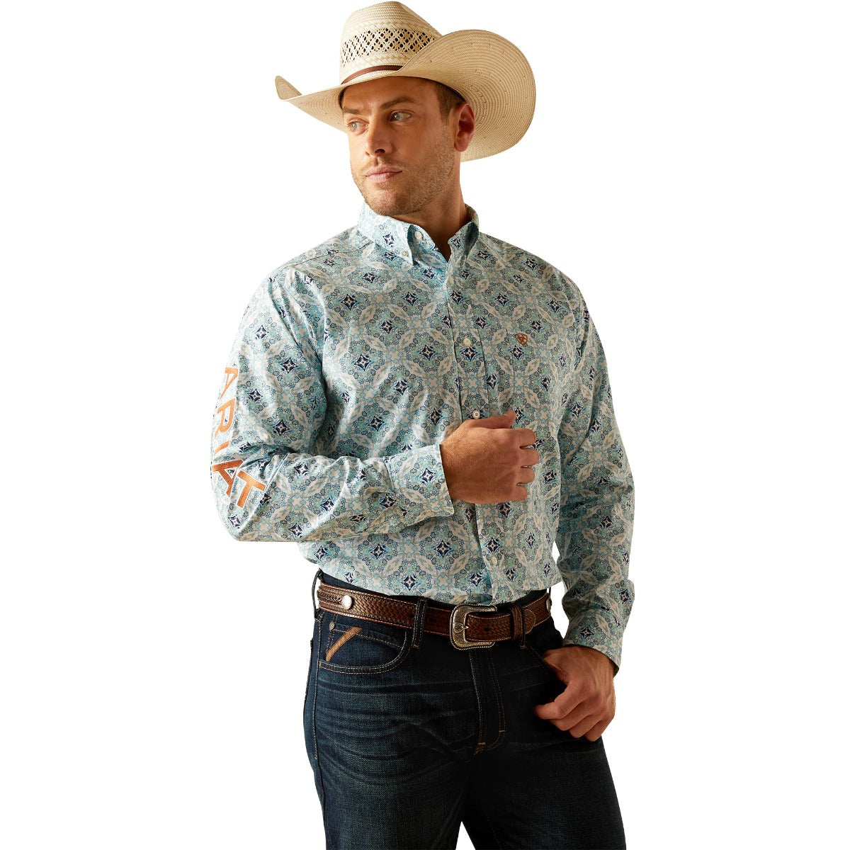 Ariat White with Blue Medallion Print Team Emmett Classic Fit Collared Men's Longsleeve Shirt 10050533