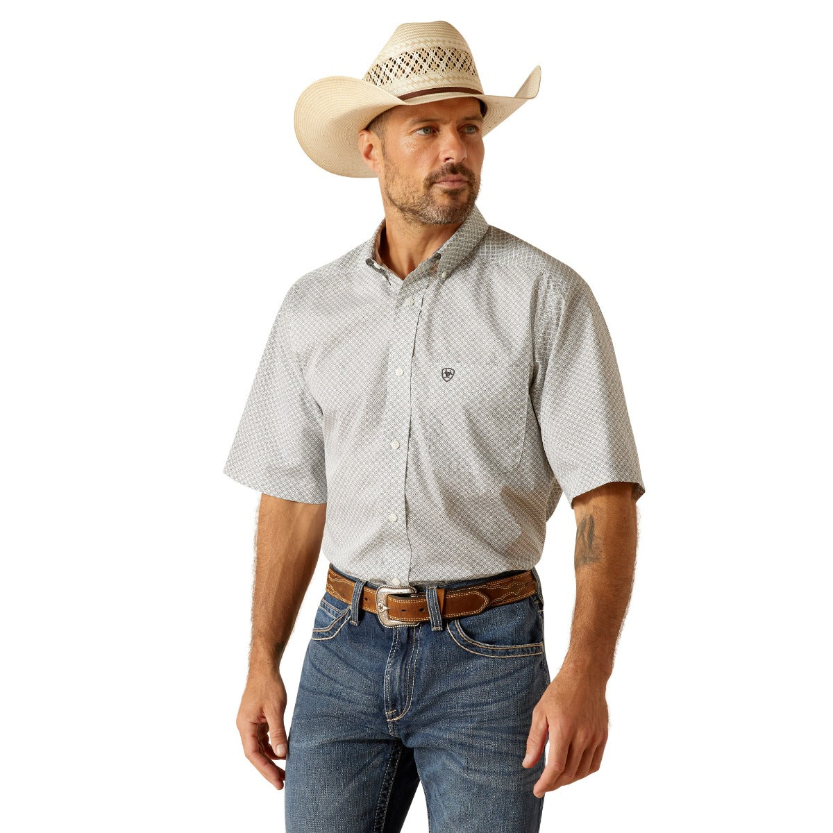 Ariat White with Print Wrinkle Free Bear Classic Fit Collared Short Sleeve Men's Button Up Shirt 10051471