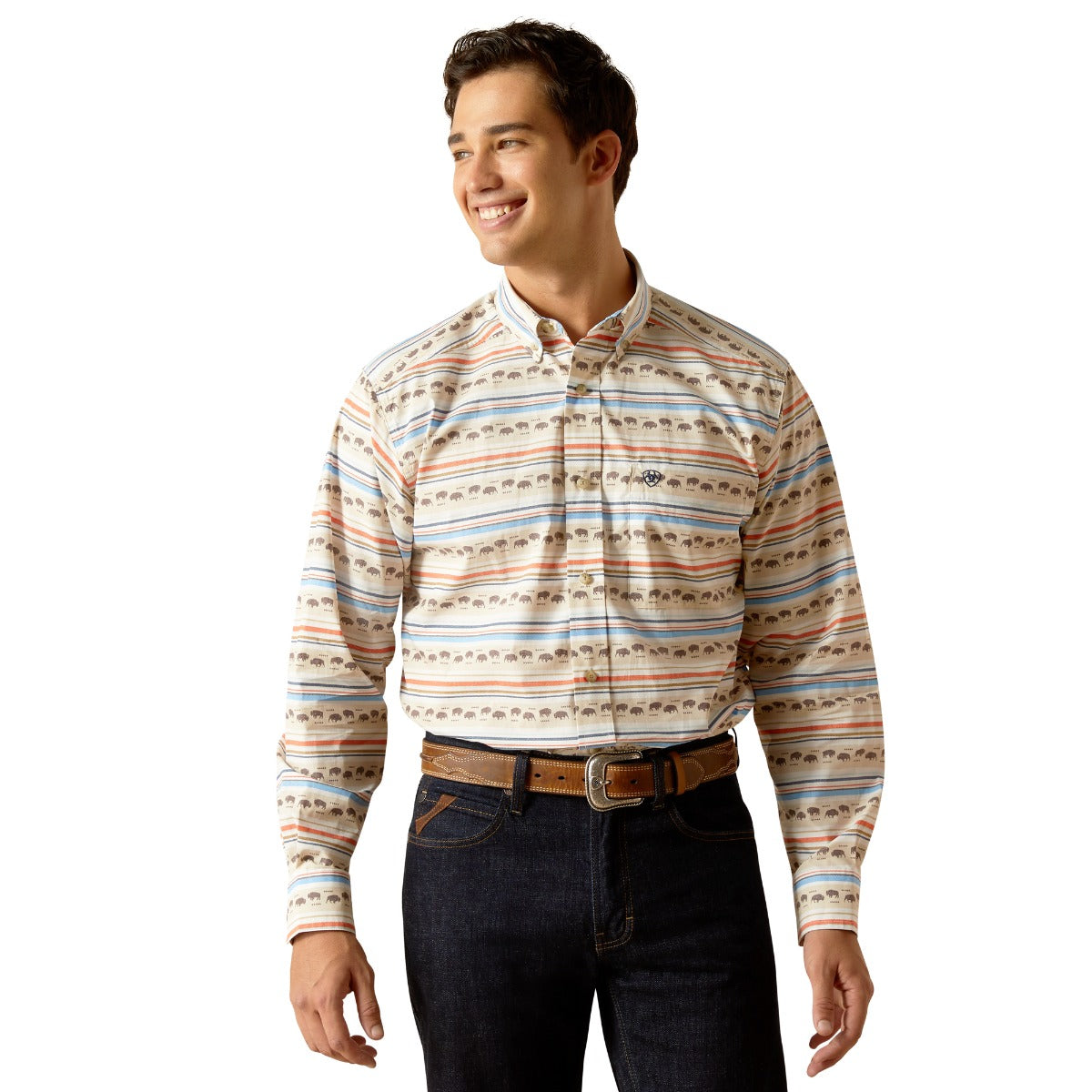 Ariat Khaki with Horizontal Print Reed Men's Collared Classic Fit Longsleeve Button Down Shirt 10051512
