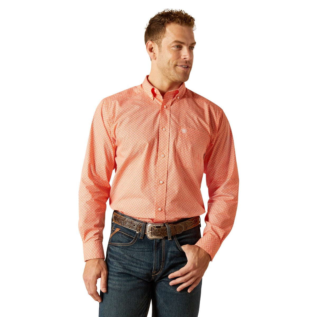 Ariat Orange with Print Rory Men's Collared Classic Fit Longsleeve Button Down Shirt 10051514