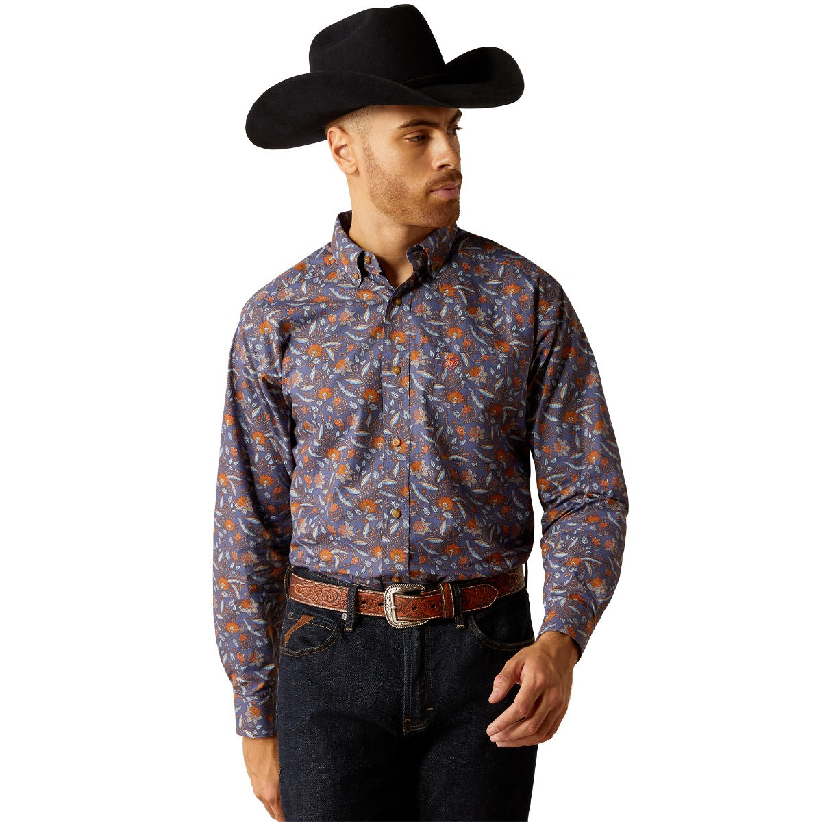 Ariat Dark Blue with Print Ty Men's Classic Fit Collared Longsleeve Button Down Shirt 10052615