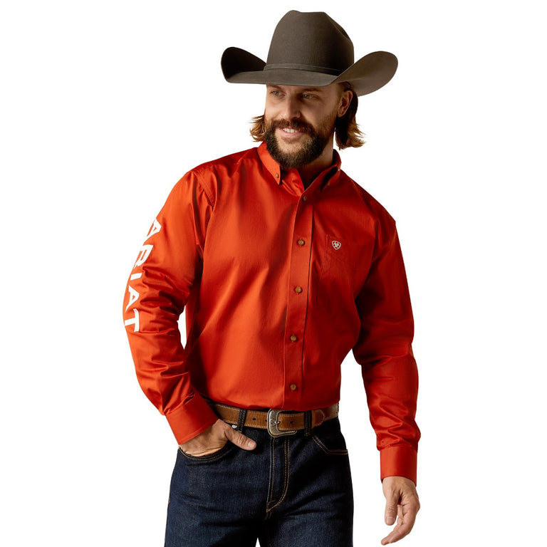 burnt orange long sleeve dress shirt Ariat Dark Orange/White Team Logo Twill Men's Collared Button Down Lon