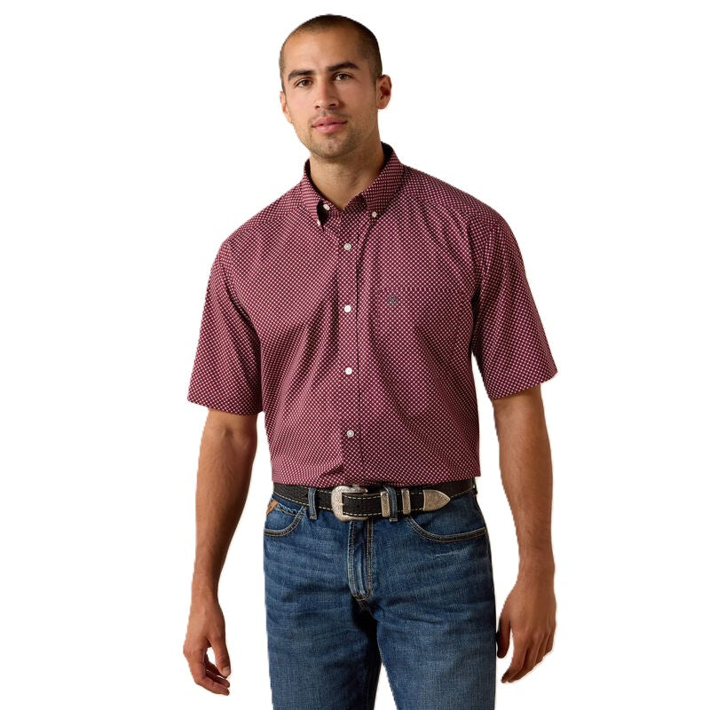 Ariat Maroon Banner Geo Print Men's Collared Short Sleeve Button Front Classic Fit Shirt 10071729