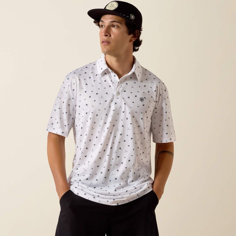 Ariat White Western Toss Print All Over Print Men's Short Sleeve Polo Shirt 10073470
