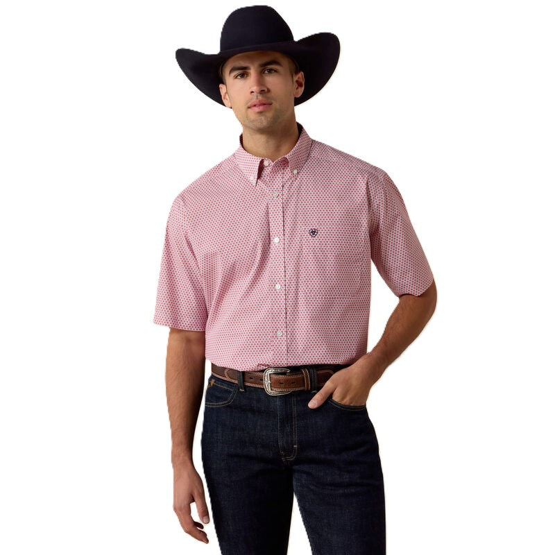 Ariat Hibiscus Red Triangle Print Bowman Men's Collared Short Sleeve Classic Fit Button Front Shirt 10073588
