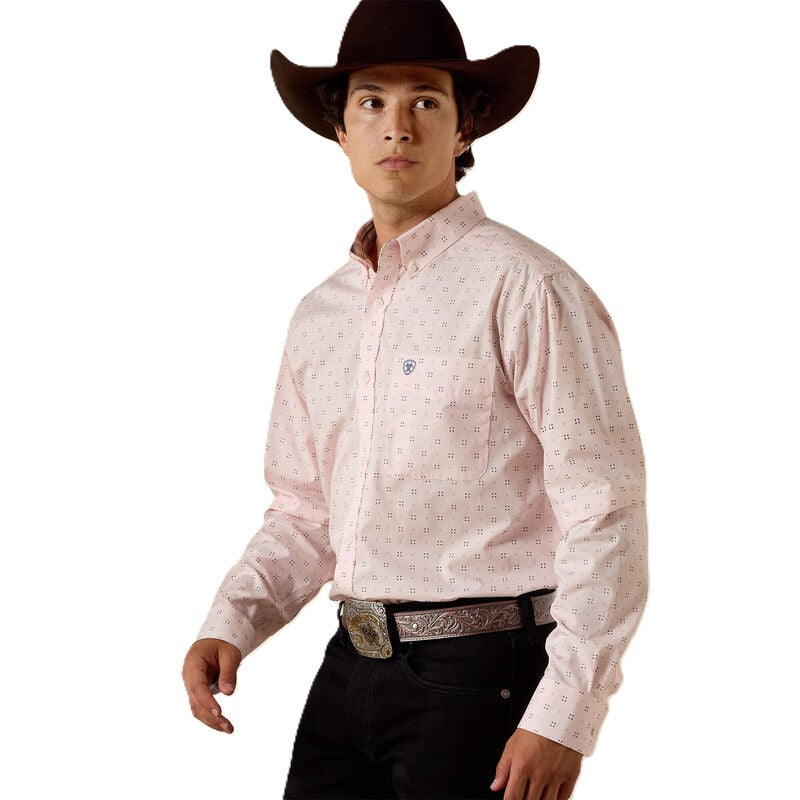 Ariat Barely Pink Geo Print Wrinkle Free Wally Men's Collared Longsleeve Button Front Fitted Shirt 10073690