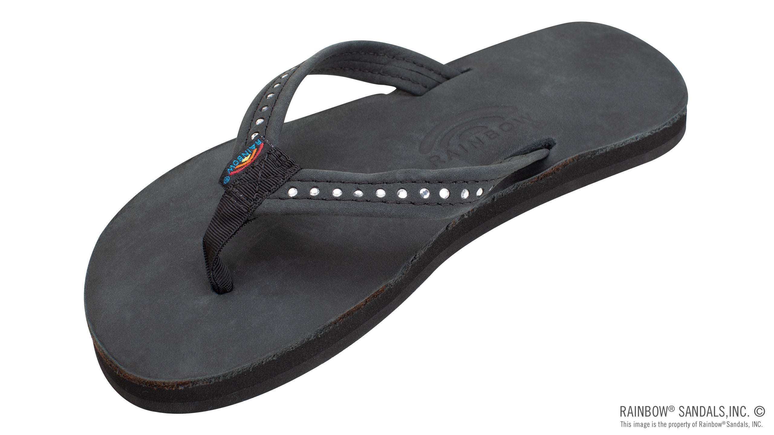 Rainbow Black with Swarovski Crystals Premier Leather 1/2 inch Narrow Strap Single Layer Kids Sandals (Backstrap only for smaller sizes) 101CLTSN-BLK