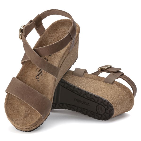 Papillo Cognac Sibyl Ring-Buckle Oiled Leather Women's Wedge Shoes N1023523