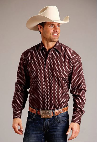 Stetson Wine with Geometric Sunburst Men's Collared Longsleeve Snap Shirt 1100104250175WI
