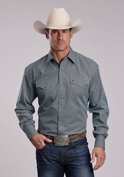 Stetson Green Forest Mosaic Print Men's Collared Longsleeve Snap Front Shirt with Contrast Cuffs 1100104252000GR
