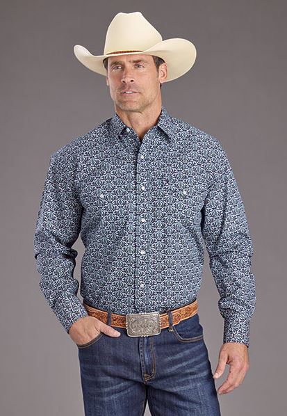 Stetson Navy Blue with Medallion Print Men's Collared Longsleeve Shirt 1100104252061BU
