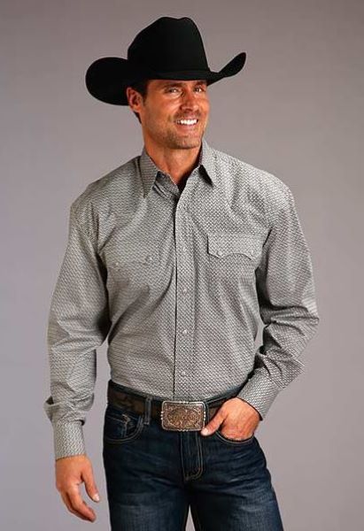 Stetson Grey Buckeye Neat Poplin Print Mens Snap Western Shirt 1100104256021GY