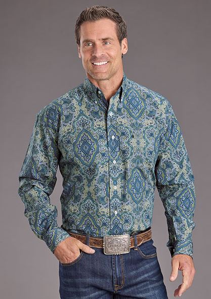 Stetson Blue Markble Paisley Men's Collared Longsleeve Button Front Shirt 1100105262060BU